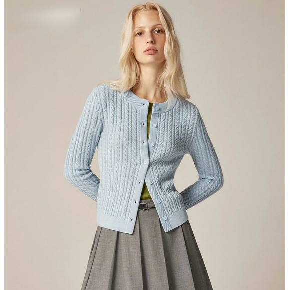 J. Crew Sweaters - NWT J. Crew Cable-knit Crewneck Cardigan Merino Wool Heather Stream Blue